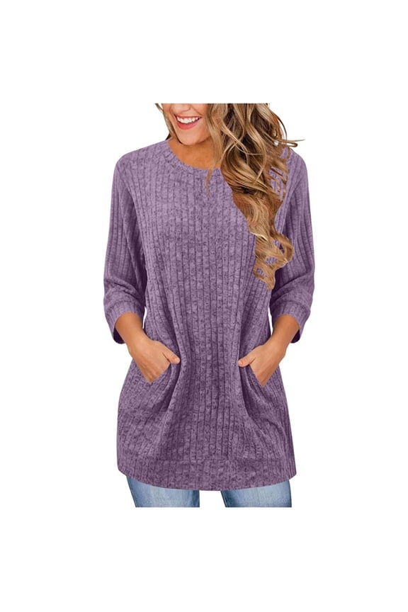 Ribbed 3/4 Sleeve Top for Women Crewneck Tunic Tops for Legging Loose Fit Long Shirts