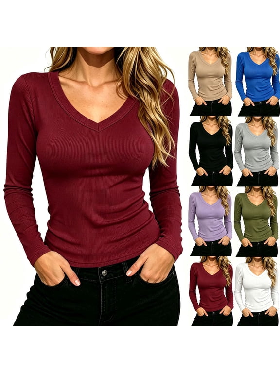 Ribbed Fitted Shirts for Women Long Sleeve V Neck Basic Tshirts Slim Fit Going Out Tops Casual Trendy Clothes,L,Army Green