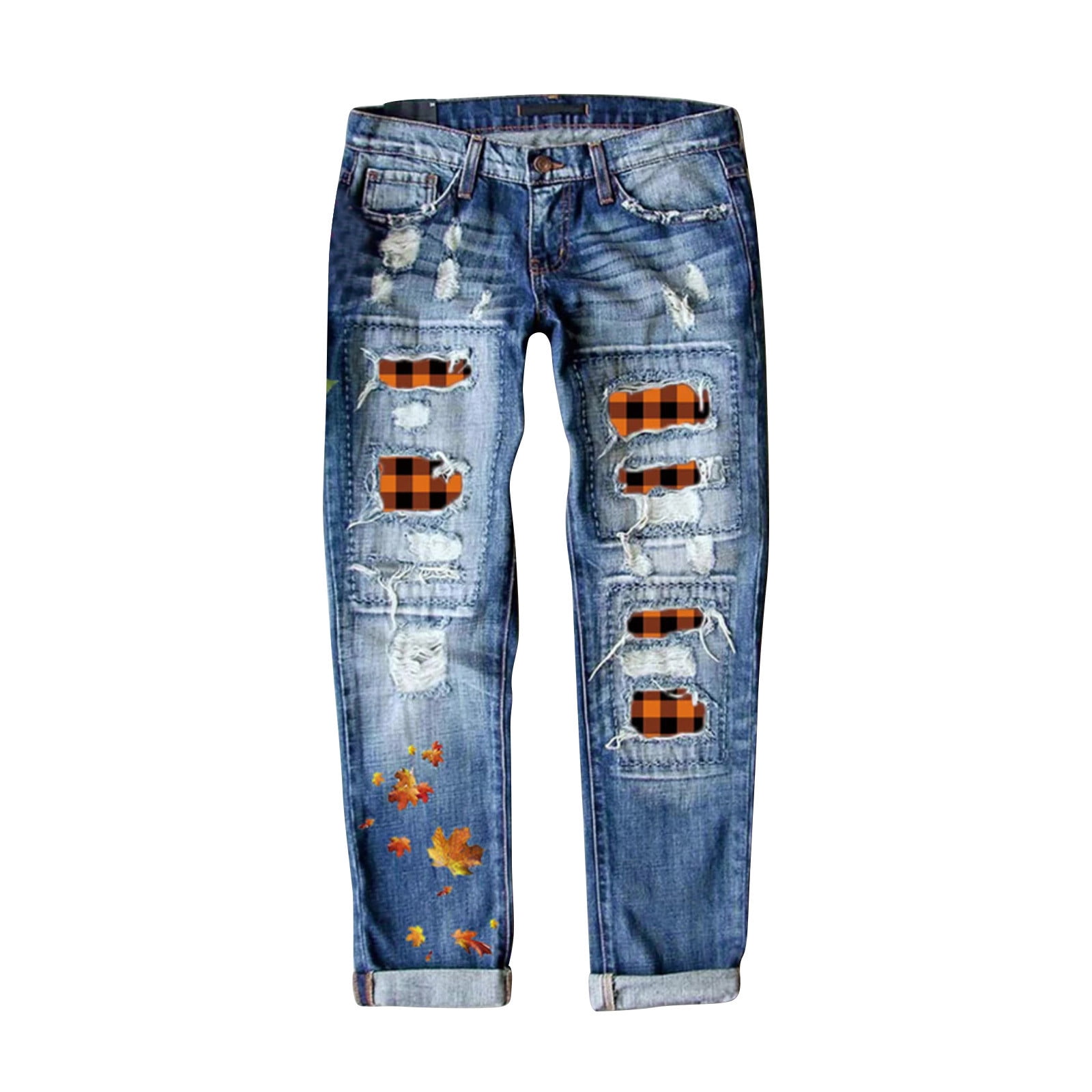 福袋特集 2025 for Jeans Ripped APEXFWDT Women Skinny Boyfriend Patch Plaid Clothing