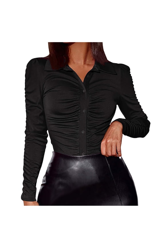 Ruching Detail Button Down Shirt Women's Long Sleeve Wrinkle Resistant Blouse with Spread Collar Business Casual Wear,S,Black