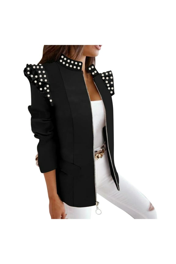 Ruffle Blazer Jackets for Women Full Zip Long Sleeve Open Front Casual Solid Color Work Office Blazers Cardigan