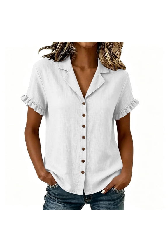 Ruffle Blouse for Women Notch Collar Button Down Shirts Short Sleeve Dressy Casual Blouses