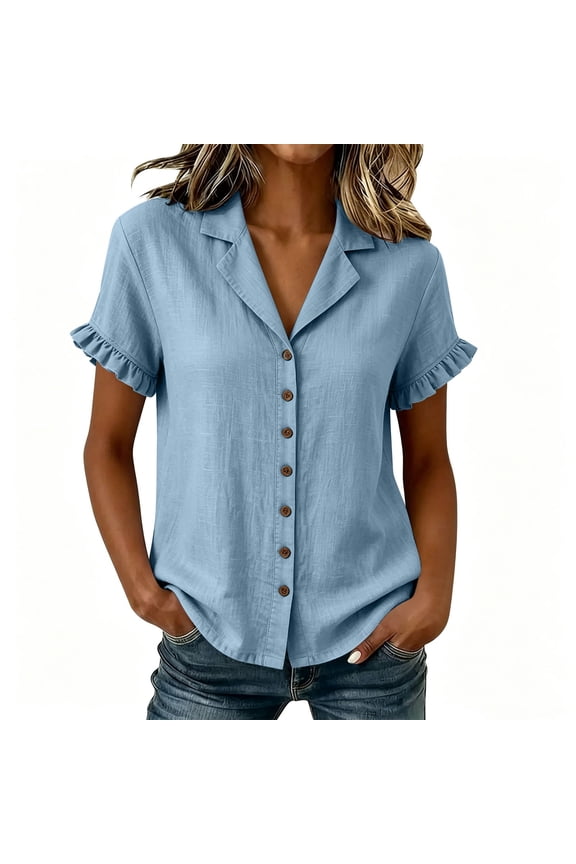 Ruffle Blouse for Women Notch Collar Button Down Shirts Short Sleeve Dressy Casual Blouses