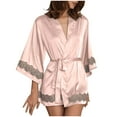 thumbnail image 1 of APEXFWDT Satin Robes for Women Lace Trim Short Satin Sleepwear 3/4 Sleeve Bride Robe with V-Neck Belted Satin Night Robe, 1 of 7