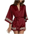 thumbnail image 1 of APEXFWDT Satin Robes for Women Lace Trim Short Satin Sleepwear 3/4 Sleeve Bride Robe with V-Neck Belted Satin Night Robe, 1 of 7
