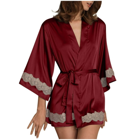 APEXFWDT Satin Robes for Women Lace Trim Short Satin Sleepwear 3/4 Sleeve Bride Robe with V-Neck Belted Satin Night Robe