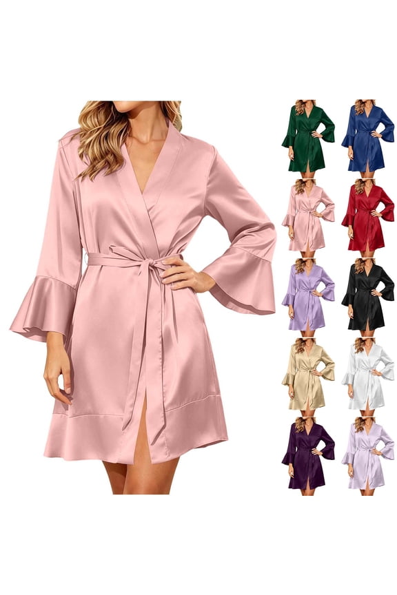 Satin Ruffle Robe Women Lightweight Silky Robes Kimono Brides Short Bathrobes Sleepwear with Belt,L,Beige