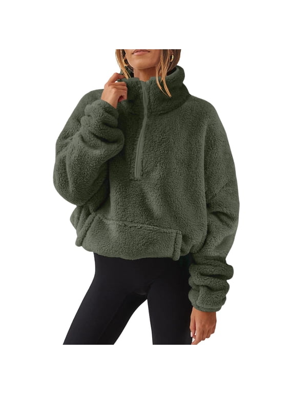 APEXFWDT Sherpa Pullover Womens Half Zip Fuzzy Fleece Sweatshirt Oversized Long Sleeve Stand Collar Fluffy Sweatshirt Warm Jacket Y2K,Army GreenMedium