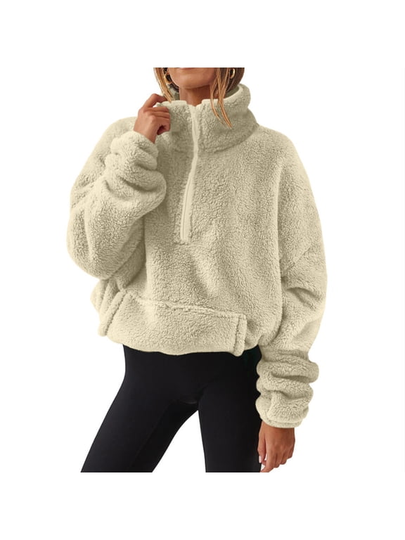 APEXFWDT Sherpa Pullover Womens Half Zip Fuzzy Fleece Sweatshirt Oversized Long Sleeve Stand Collar Fluffy Sweatshirt Warm Jacket Y2K,BeigeSmall