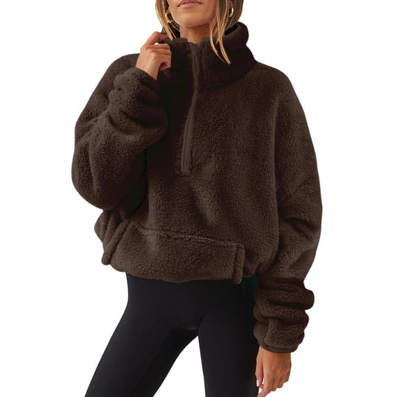 APEXFWDT Sherpa Pullover Womens Half Zip Fuzzy Fleece Sweatshirt Oversized Long Sleeve Stand Collar Fluffy Sweatshirt Warm Jacket Y2K,CoffeeLarge
