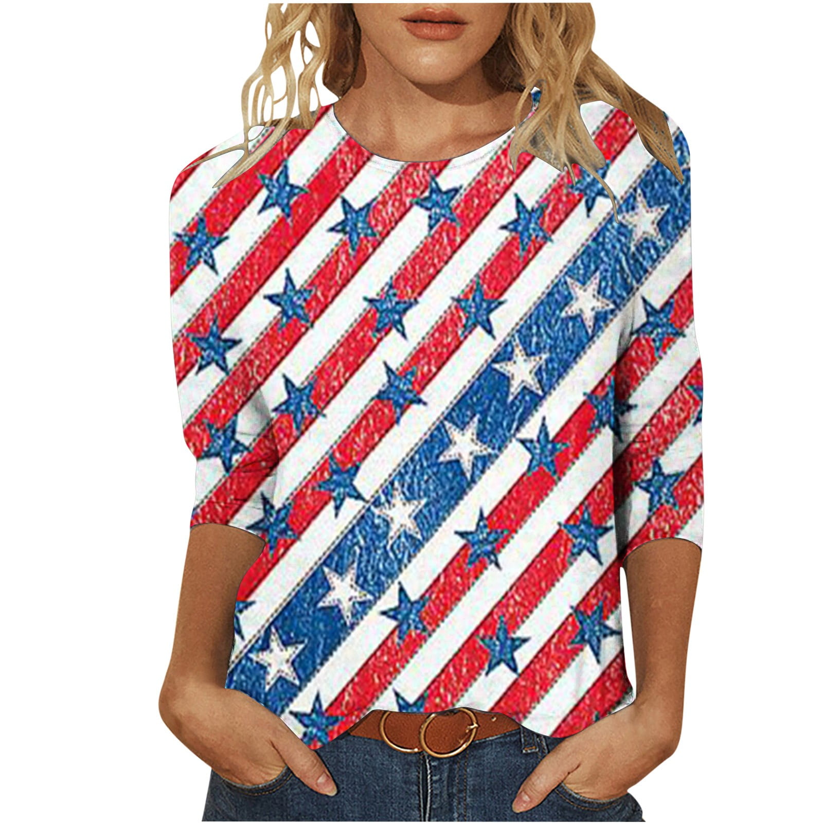 APEXFWDT Shirt 3/4 Sleeve American Flag Tops Women 4th of July