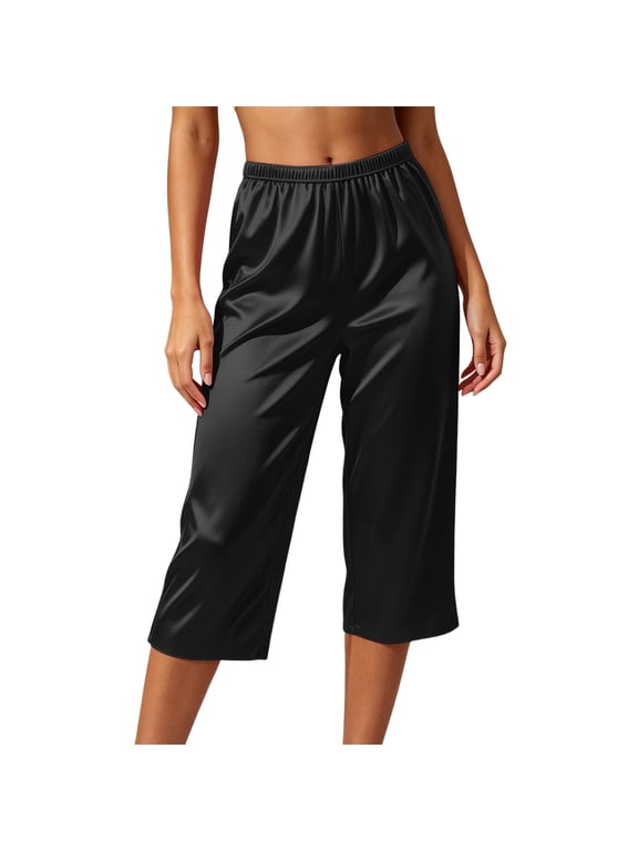 Silk Satin Pajama Pants for Women Soft Loose Lounge Capris Lightweight Elastic Waist Pj Bottoms