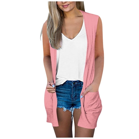 APEXFWDT Sleeveless Cardigans for Women Summer Lightweight Casual Open Front Long Vest with Pockets,L,Pink