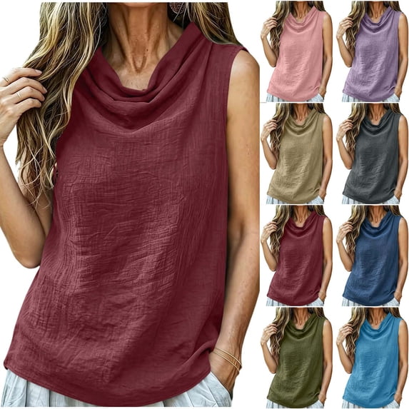 APEXFWDT Sleeveless Linen Tops for Women Cowl Neck Tank Tops Casual Solid Color Comfy Blouse Lounge Wear