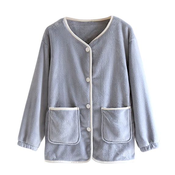 APEXFWDT Soft Fleece Bed Jacket Women Round Neck Button‑Up House Coat Warm Loungewear Sleep Top with Contrast Trim & Side Pockets