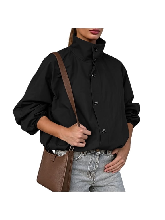 Stand Collar Bomber Jacket for Women Lightweight Zip Up Coat Elastic Hem Casual Fall Jacket with Pockets