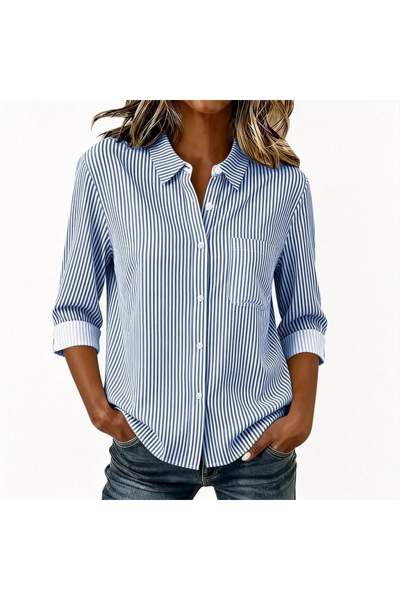 Striped Button Down Shirt Women Long Sleeve Business Casual Blouse Wrinkle Resistant Work Tops