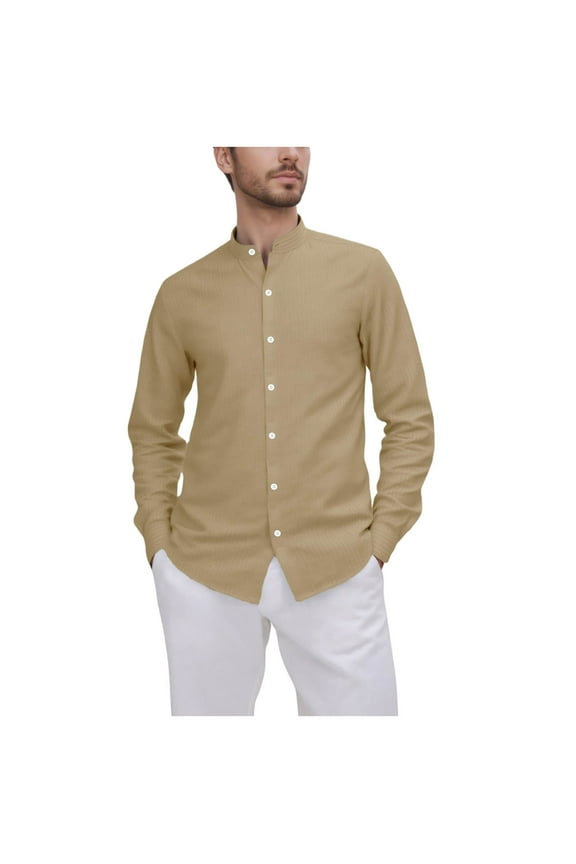 Striped Linen Office Shirt for Men - Business Casual Button Down Shirt with Stand Collar Breathable Summer Workwear