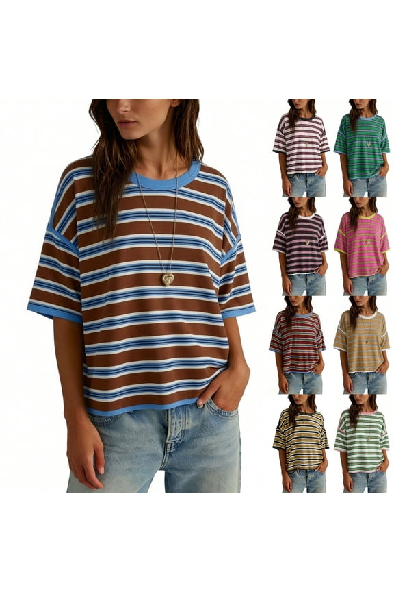 Striped T Shirts Women Color Block Short Sleeve Tees Summer Casual Drop Shoulder Crewneck Loose Shirts,L,Blue