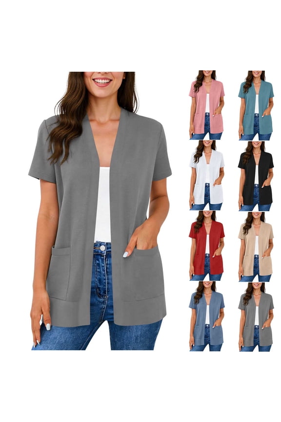 Summer Cardigans for Women Trendy Lightweight Short Sleeve Cardigan Open Front Casual Top with Pockets for Spring