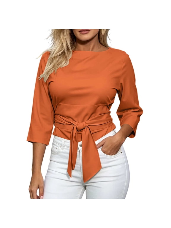 Tie Waist Blouse Women 3/4 Sleeve Crew Neck Work Dressy Shirts Business Casual Cinch Waist Tops,L,Red