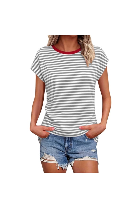 Trendy Tshirts for Women Cap Sleeve Striped Tops Crewneck Basic Casual Summer T Shirts,XXXL,Gray
