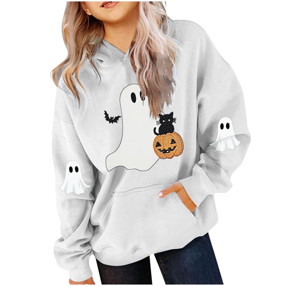 BFHHYA Tween Girls' Halloween Hoodie Kid Girls Printed Cute Sweatshirt Long Sleeve Pullover Top with Pockets (3-14 Years)
