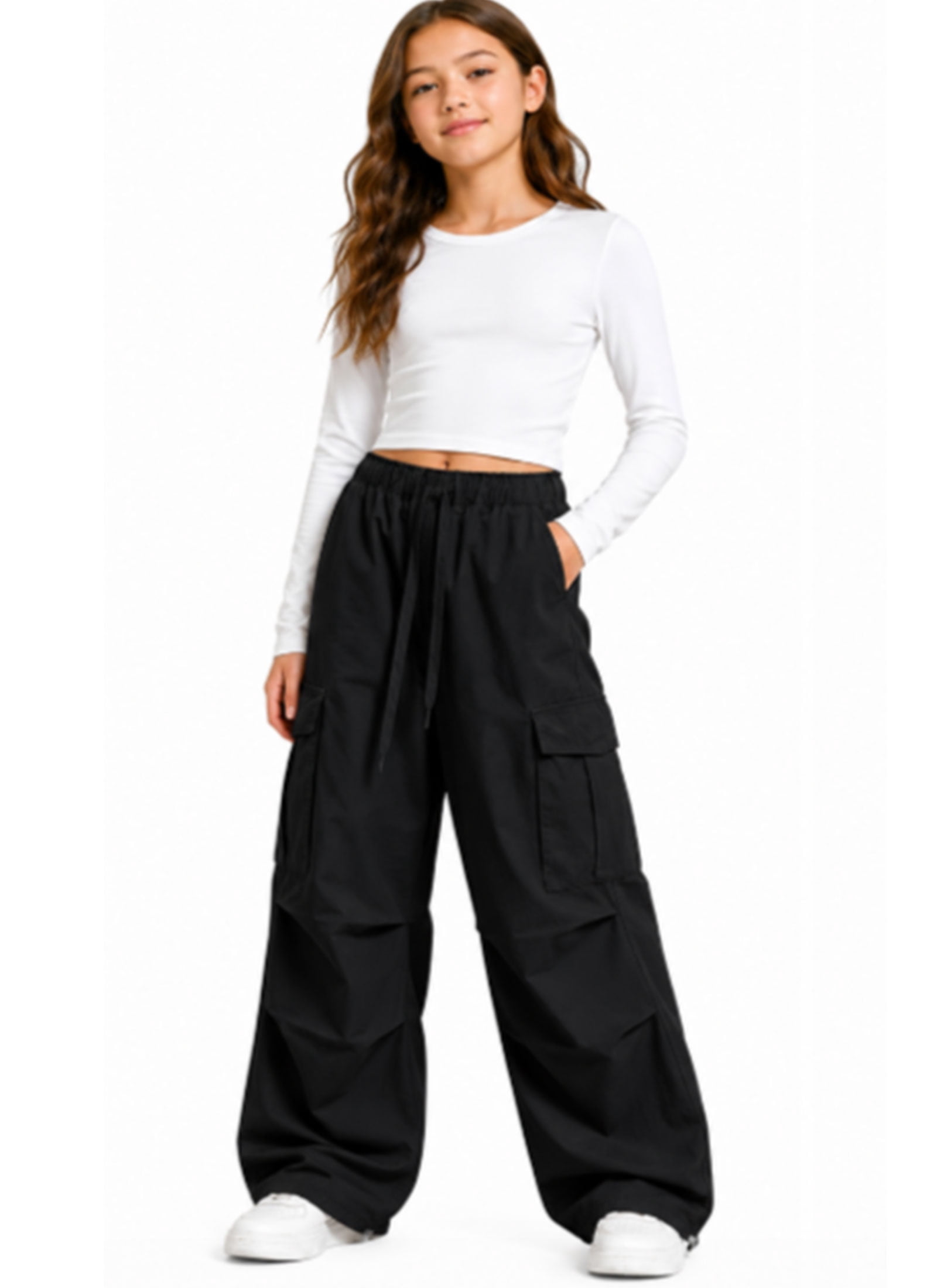 Tween Girls' Wide-Leg Cargo Pants Kid Casual Loose Drawstring Multi Pockets Lightweight Cargo Trousers (5-16 Years)