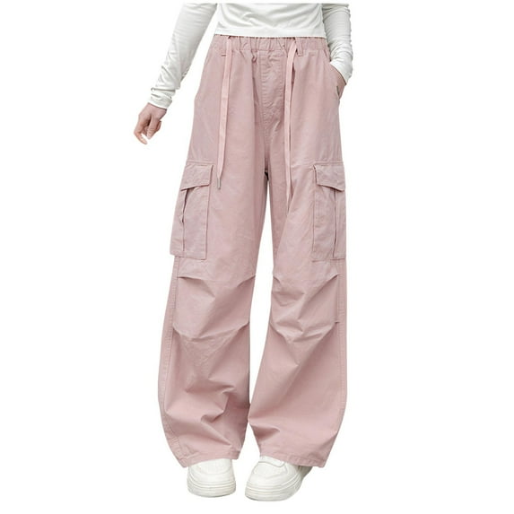 BFHHYA Tween Girls' Wide-Leg Cargo Pants Kid Casual Loose Drawstring Multi Pockets Lightweight Cargo Trousers (5-16 Years)