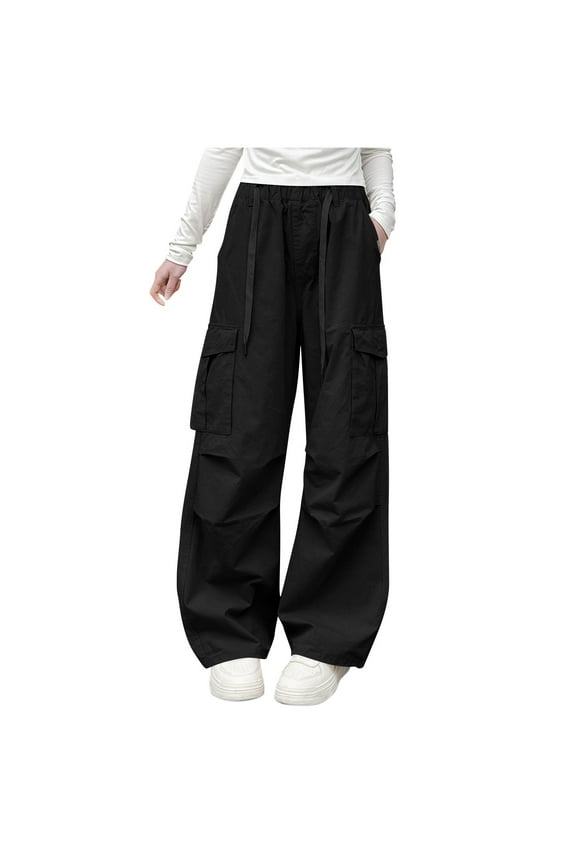 Tween Girls' Wide-Leg Cargo Pants Kid Casual Loose Drawstring Multi Pockets Lightweight Cargo Trousers (5-16 Years)