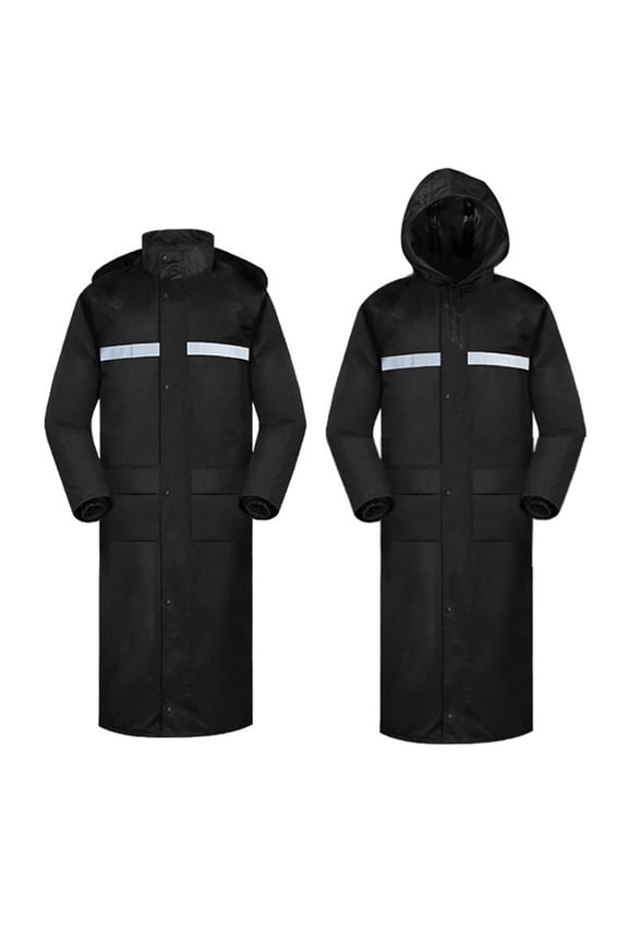 Unisex Oxford Fabric Full-Length Raincoat with Hood, Drawstring & Reflective Stripes – Zipper Design for Durability,XXXL,Black
