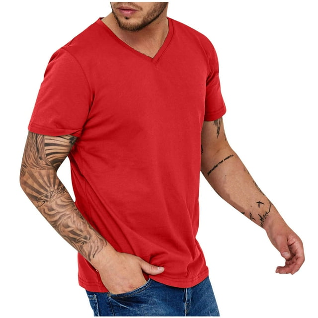 APEXFWDT V Neck T Shirts for Men Casual Stylish Short Sleeve Shirts Fitted Stretch Tees Mens Lightweight Summer T-Shirts,XXXL,Red