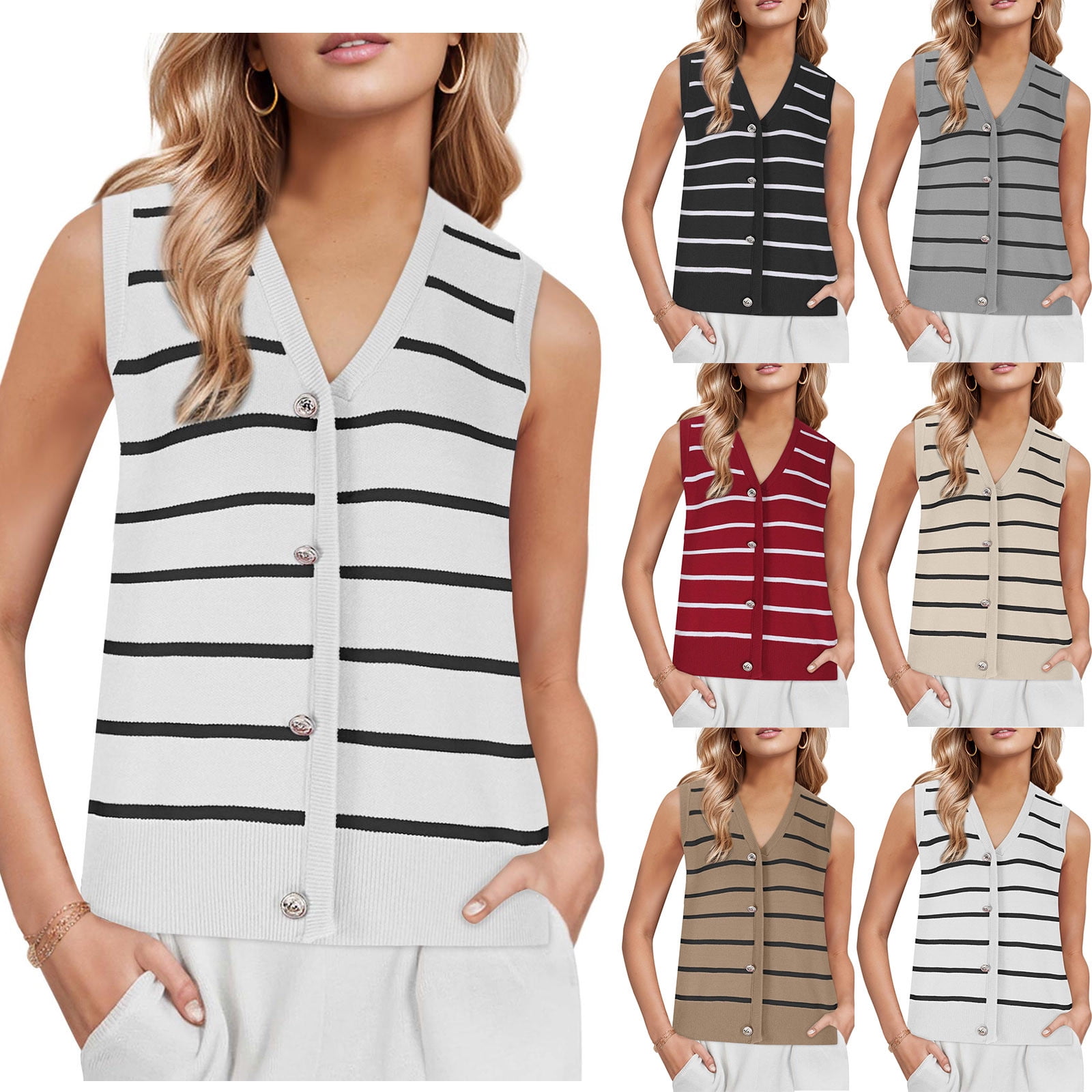 APEXFWDT Vest Tops for Women Striped Sweater Vest 2024 Fall APEXFWDT Vest Tops for Women Striped Sweater Vest 2024 Fall