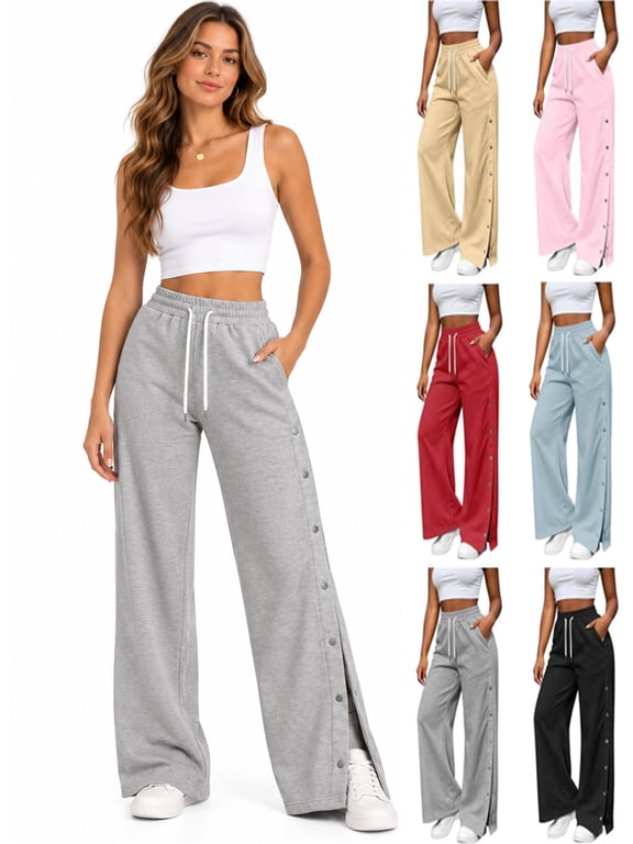 Wide Leg Sweatpants Women Side Slit Snap Loose Fit Sweatpants Surgery Post Pants Drawstring Joggers Lounge Sweat Pants,XXL,Red