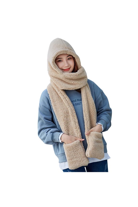 APEXFWDT Winter Fluffy 2 in 1 Hooded Scarf for Women Kawaii Bear Ear Beanie Hat Scarf - Cute Winter Warm Fleece Fuzzy Japanese Hat Cap