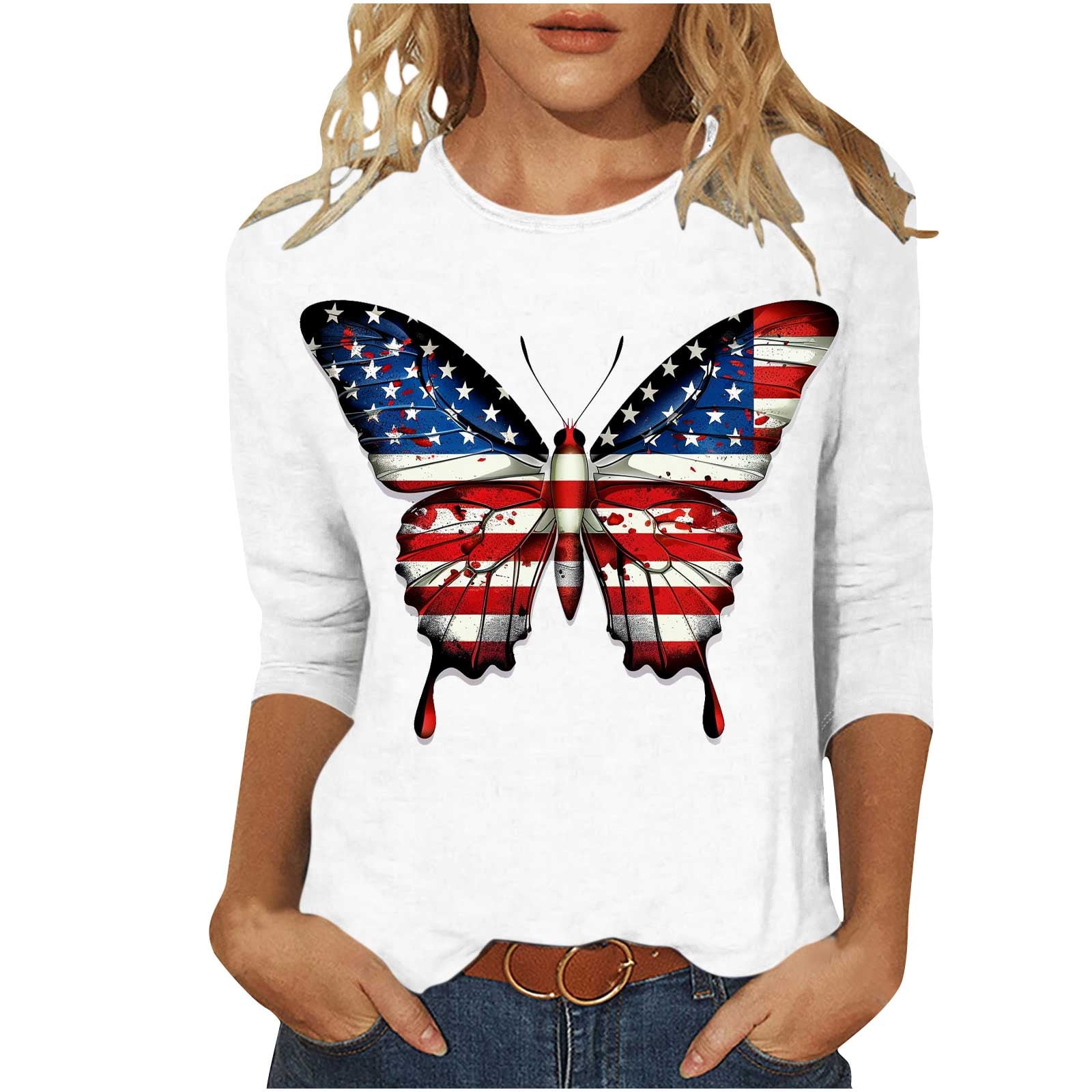 Women's American Flag T-Shirt - 4th Of July Patriotic Tee, Short Sleeve Crewneck, Black, Medium - View #8