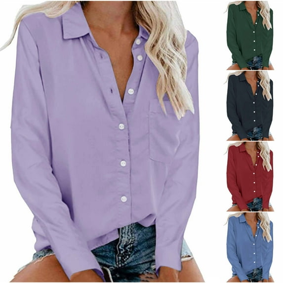 APEXFWDT Women Button Down Shirts Long Sleeve V Neck Collared Office Shirt Casual Loose Fit Business Blouses Tops