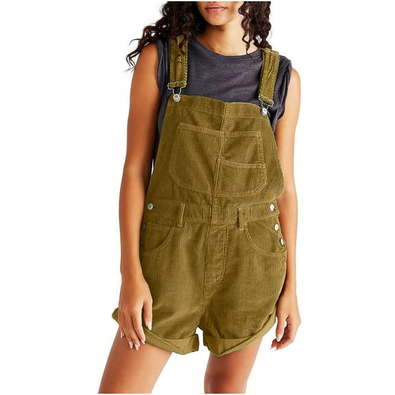 APEXFWDT Women Corduroy Short Overalls Romper Jumpsuit Casual Adjustable Straps Cute Plain Overall With Pockets Fashion Cuffed Shorts Jumpsuit