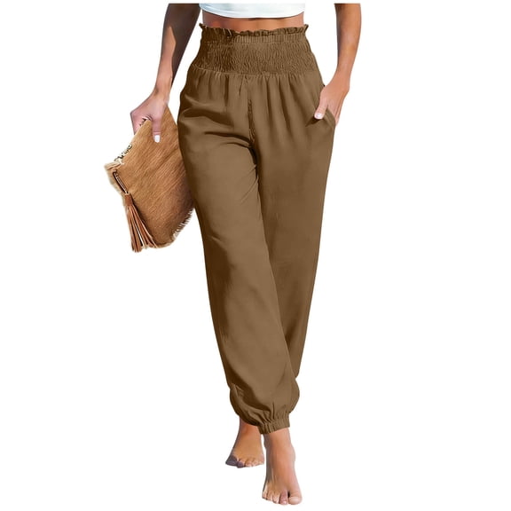 APEXFWDT Women Cotton Linen Pants Ruffle Waist Tapered Pants Casual Beach Summer Pants,L,Coffee