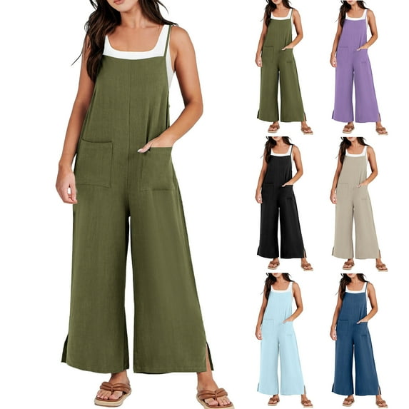 APEXFWDT Women Cotton Linen Rompers Casual Loose Linen Wide Leg Baggy Jumpsuit Bib Pants Beach Vacation Overalls with Pockets