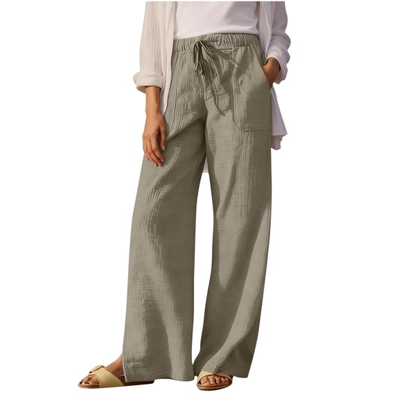 APEXFWDT Women Cotton Linen Wide Leg Pants Elastic Drawstring Waist Casual Pants Beach Summer Pants with Pockets,M,Beige