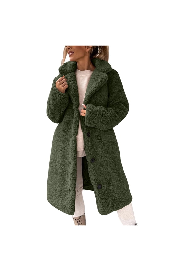 Women Faux Furry Winter Coats Button Down Mid-Long Teddy Bear Jacket Fleece Comfort Warm Outerwear Open Front Overcoat