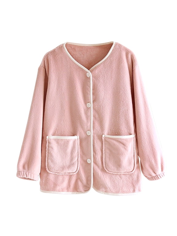 Women Fleece Bed Jacket Button Front Long Sleeve House Coat with Pockets Loungewear