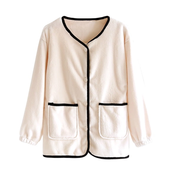 APEXFWDT Women Fleece Bed Jacket Round Neck Button Front Long Sleeve House Coat with Pockets, Sleep Loungewear Top