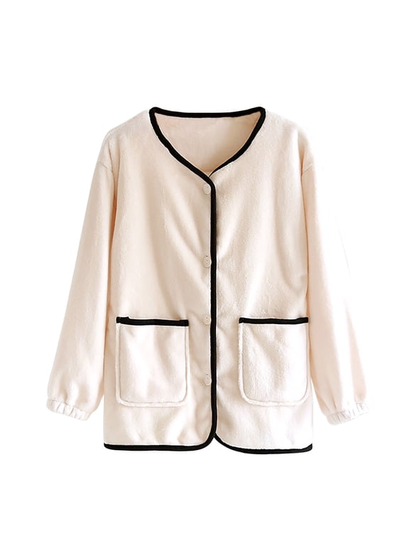 Women Fleece Bed Jacket Round Neck Button Front Long Sleeve House Coat with Pockets, Sleep Loungewear Top