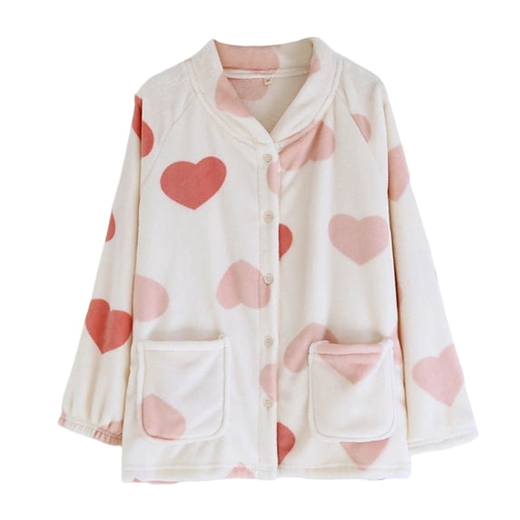 APEXFWDT Women Floral Fleece Bed Jacket Notch Collar Button Front Long Sleeve House Coat with Pockets Soft Warm Sleepwear Loungewear Top