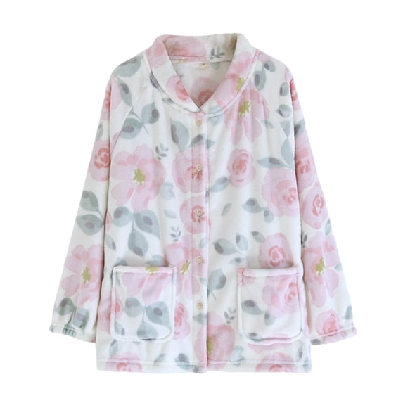 APEXFWDT Women Floral Fleece Bed Jacket Notch Collar Button Front Long Sleeve House Coat with Pockets Soft Warm Sleepwear Loungewear Top