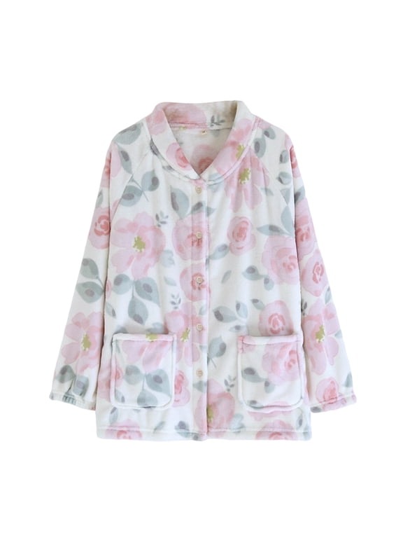 Women Floral Fleece Bed Jacket Notch Collar Button Front Long Sleeve House Coat with Pockets Soft Warm Sleepwear Loungewear Top