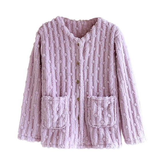 APEXFWDT Women Fuzzy Fleece Sleep Jacket Button Front Textured House Coat with Pockets Warm Loungewear