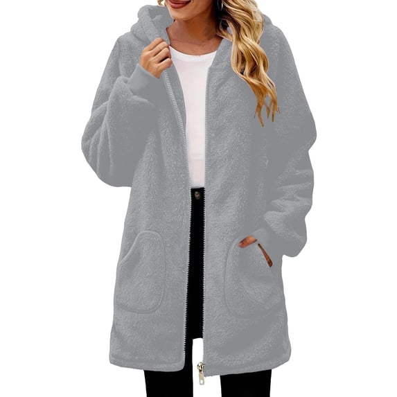 APEXFWDT Women Hooded Fuzzy Sherpa Coat Full Zip Teddy Fleece Jacket with Pockets Loose Fit Casual Outercoat